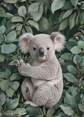 Adorable koala joey nestled amongst eucalyptus leaves  Seamless repeat vector pattern , fabric, adorable animal