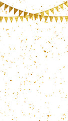 gold confetti and flags happy birthday and party celeblation on transparent background, png isolated golden luxury isolated vertical social media design element