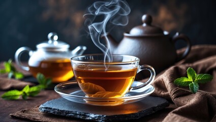 Tea theme, teapot filled with tea amidst leaves