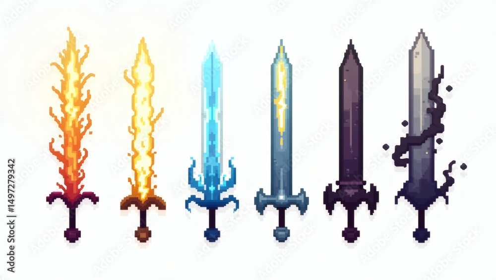 Poster a collection of fantasy sword illustrations with vibrant colors, each with unique designs and effect