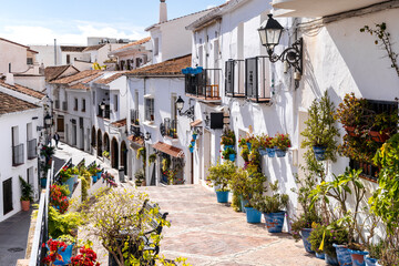 Streets of Mijas full of plants in White Villages, called Pueblos Blancos, Andalusia, Spain