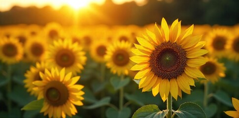 Obraz premium Golden hour sunlight bathes a lush field of vibrant sunflowers, heavy with ripening seeds A quintessential summer harvest scene, ready for picking , summer, day, rural scene