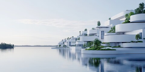 Modern architectural design with white buildings on water surrounded by greenery and calm reflection