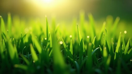 Fototapeta premium Close up of lush green grass with the sun shining down, creating a beautiful display of light and shadow. The blades of grass are fresh and vibrant.