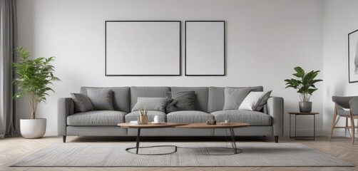 Grey couch, white wall, stylish posters  Modern living room ,  aesthetic,  trendy