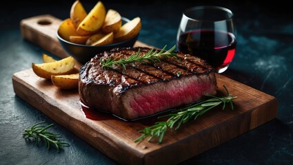 Serving board with medium rare grilled T-Bone Steak, potato wedges, and wine