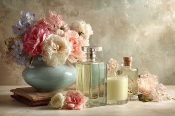 Spa-inspired composition with blooming flowers, scented candles, and body oils, AI Generated