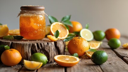 Vintage wooden tabletop with a jar of jam and fresh citrus fruits.