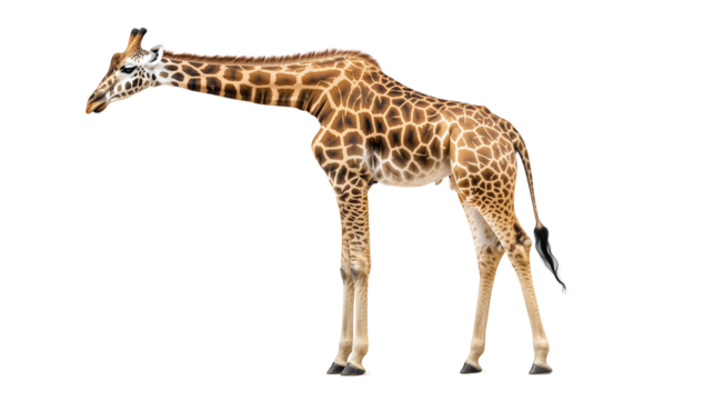 Standing giraffe, long neck and spotted wildlife, giraffe height standing giant, giraffe majesty high neck wildlife, long neck king giraffe, on a transparent backgrounds