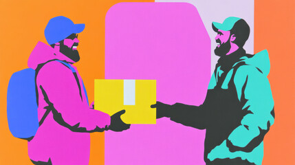 Colorful delivery exchange in modern pop art style illustration