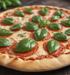 Close-up of classic Margherita pizza, fresh basil garnish, food, margherita, baked
