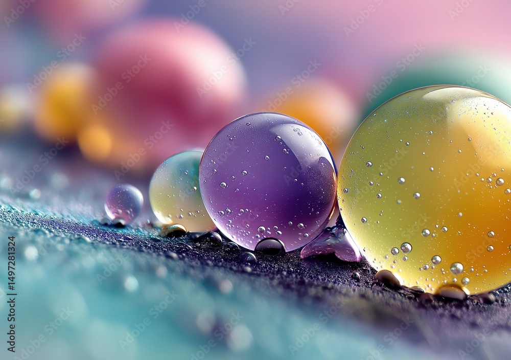 Poster colorful glass bubbles with air bubbles inside resting on a surface, creating an abstract design wit