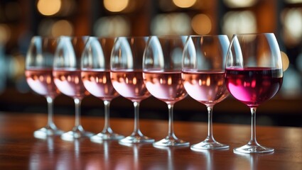 Assorted shades of Rose wine displayed in a row of stemmed glasses from light to dark on a table, with a backdrop behind. Wine bar, wine shop, wine tasting idea