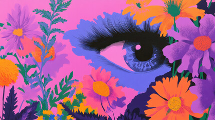 Surreal eye design nestled among vibrant flowers in a colorful pop art style