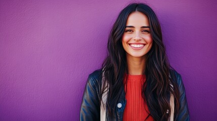 Fototapeta premium Portrait of a Beautiful Young Woman with Long Dark Hair Smiling on a Purple Background