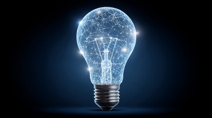 Glowing light bulb with digital connections symbolizing innovation and technology on dark blue background, representing new ideas, transformation, creativity, and futuristic concepts