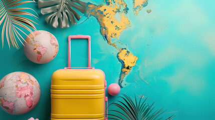 Stylish travel scene with suitcase, globes, and map accents creating wanderlust
