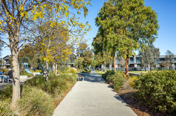 Pedestrian footpath in a suburban park in Point Cook, Melbourne, Australia, lined with native trees...