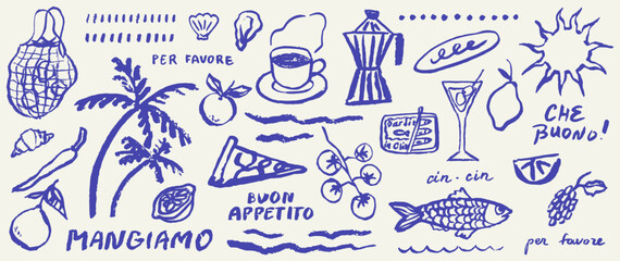 Plakat Italian style vacation hand drawn vector illustrations in grunge chalk or charcoal rough doodle sketch style. Summer vacation elements in ink simple style. Drawings for poster, placard or menu print.