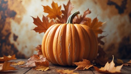 Wallpaper in cartoon style depicting dried autumn leaves and a pumpkin with a stained background.