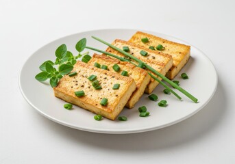 Arrangement of fried tofu with chives and oregano on a white plate isolated shot isolated
