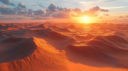 Sun kissed desert landscape, shimmering dunes under the golden sunset glow