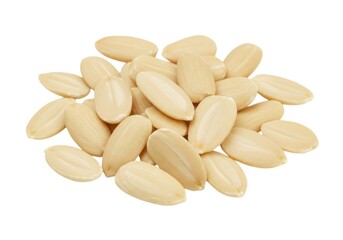 Pile of blanched almonds isolated on white background
