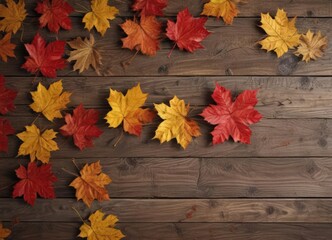 Crimson & gold maple leaves scattered on rustic wood grain , maple leaf, red leaves