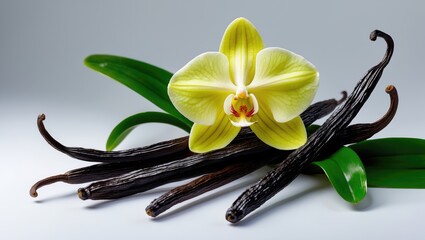 Vanilla flowers and pods separated on a white backdrop. Detailed view of vanilla sticks.