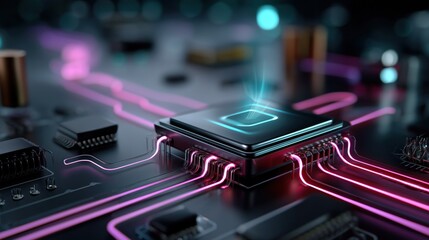 Cpu processing data with futuristic neon light trails on motherboard