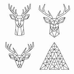 Christmas deer set: vector illustration of a black deer head silhouette with nature and tree art design