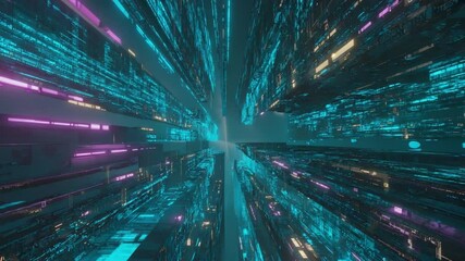 An abstract tunnel with glowing blue and purple futuristic patterns, conveying speed, technology, and virtual reality. Ideal for sci-fi, abstract, and background themes. - Powered by Adobe