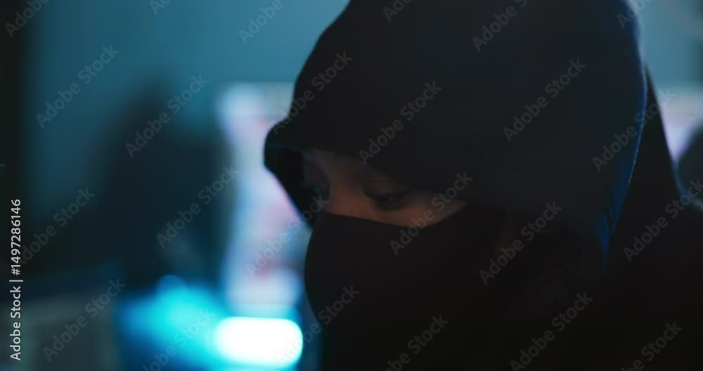 Poster Night, hacker and person with mask, cybercrime and mysterious for ransomware in office, spy and thief. Anonymous, criminal and coder with hoodie for phishing, programmer and security breach for scam