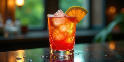 Refreshing Citrus Cocktail in a Diamond-Cut Glass on a Dark Surface