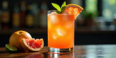 Refreshing citrus beverage with ice cubes in a tall glass garnished with a grapefruit slice and a sprig of mint on a wooden surface