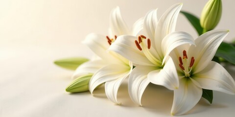 Pure White Lilies, Elegant Floral Arrangement, Soft Light Background, Delicate Petals, Peaceful Serenity, Botanical Beauty, Close-up View, Natural Elegance, Exquisite Details, Symbol of Purity