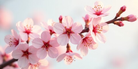 Delicate Pink Blossoms on a Branch in Soft Sunlight, a Symbol of Spring's Gentle Arrival