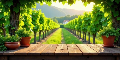 Serene vineyard landscape with a rustic wooden table displaying potted herbs in terracotta pots