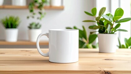 Obraz premium White coffee mug mockup on wooden surface with soft natural lighting, blank space for logo or artwork, photorealistic, front view