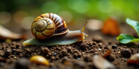 A land snail's slow journey across fertile ground, its spiral shell a testament to nature's artistry and the enduring beauty of the natural world