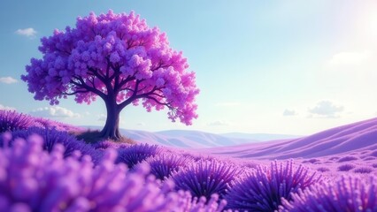 Serene Landscape A Single Blooming Tree in a Purple Field Under a Soft Sky