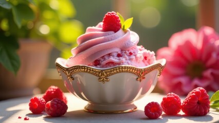 A delightful pink frozen dessert, swirled and adorned with fresh raspberries, rests in an elegant ornate bowl, surrounded by additional ripe raspberries, bathed in the soft glow of sunlight.