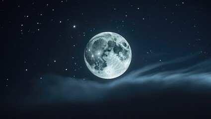 Fototapeta premium A full moon and stars shine in the dark black sky at night