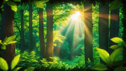 Beautiful grove of fresh green trees enclosed by leaves, with warm sunlight streaming through the branches