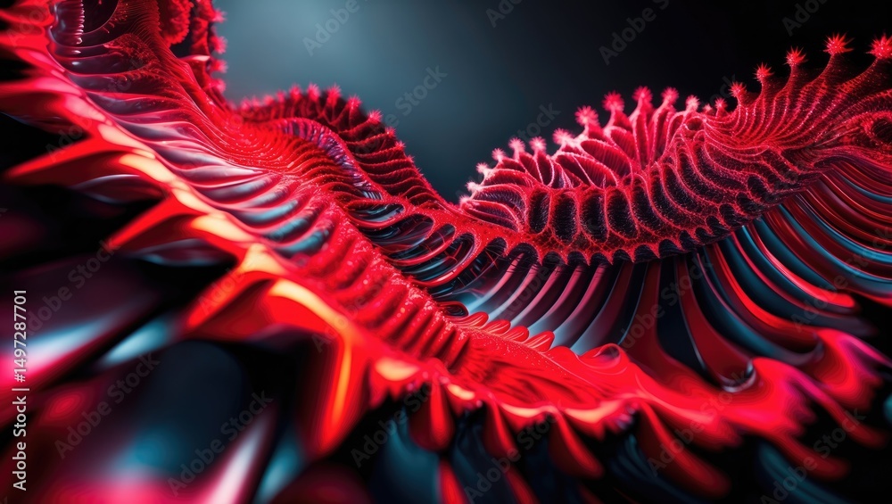 Wall mural multicolored glowing lines in a red abstract fractal wave against a dark background.
