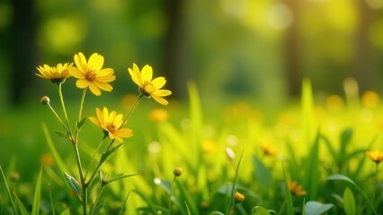 Vibrant Yellow Flowers in a Lush Green Meadow Basking in the Warm Golden Sunlight of a Peaceful Spring Day