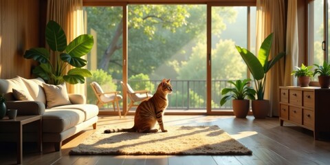 Serene Home Interior with a Relaxed Cat Basking in Sunlight Streaming Through Large Windows