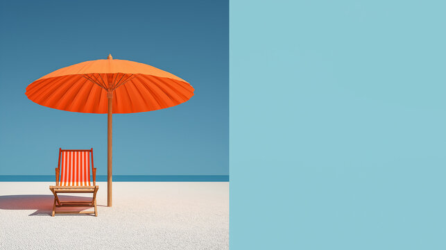 Orange Umbrella and Striped Beach Chair for Summer Vacation and Hotel Promotions with Clear Blue Sea and Sky, Perfect for Tourism Magazine Pages with a Blue Empty Space for Custom Text or Offer