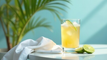 Refreshing Summer Citrus Beverage in a Glass with Ice and Lime Garnish on a White Table