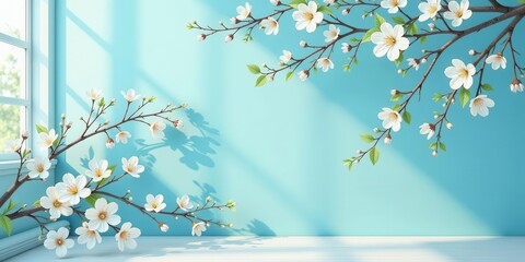 Serene Spring Blossoms Frame a Bright, Airy Room Setting with Sunlight Streaming Through a Window